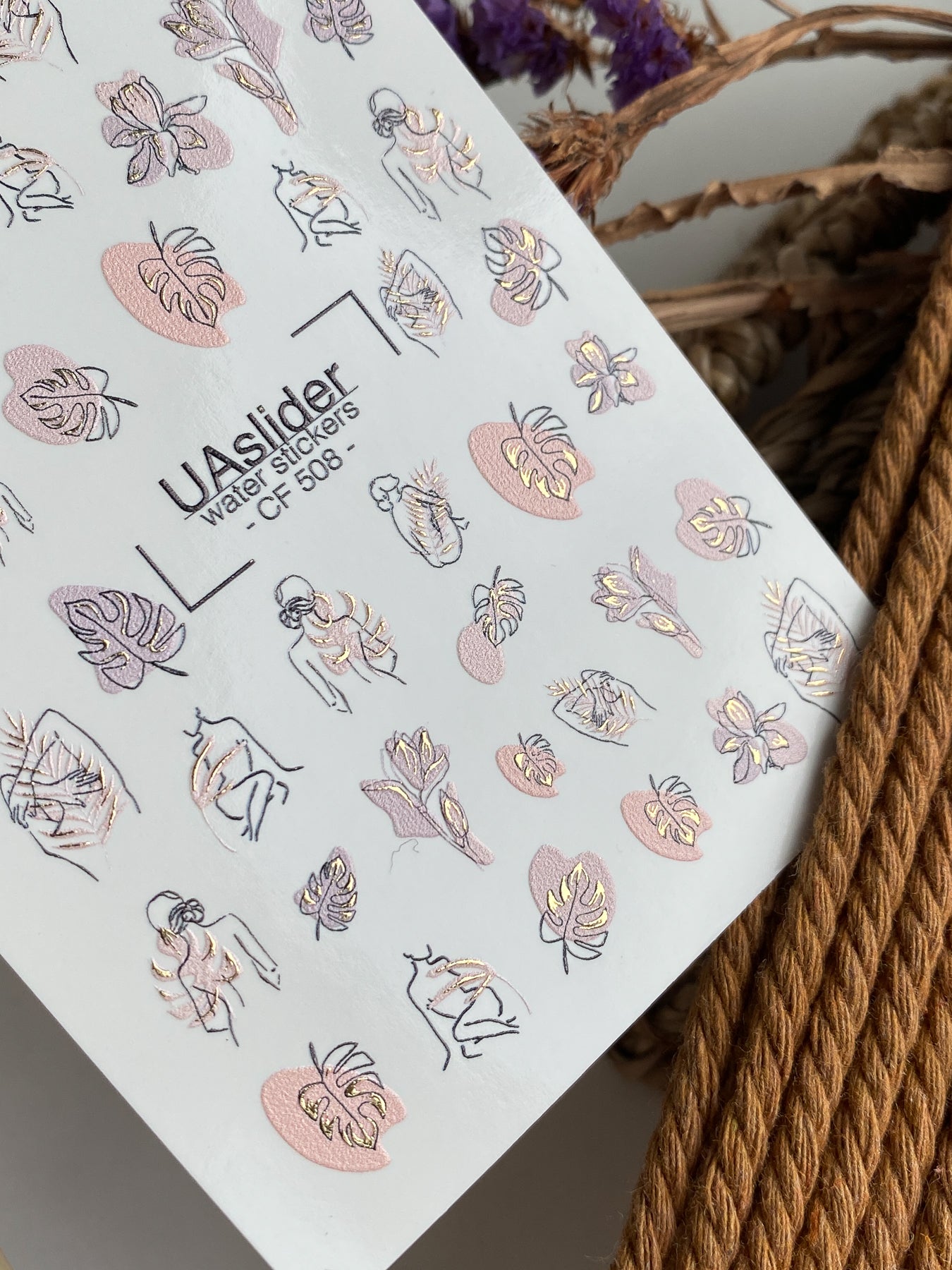 Nail Water Decal CF-508 | Water Slide Nail Decals with Abstract Line Art & Monstera Leaves | Minimal Nail Art