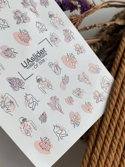 Nail Water Decal CF-508 | Water Slide Nail Decals with Abstract Line Art & Monstera Leaves | Minimal Nail Art