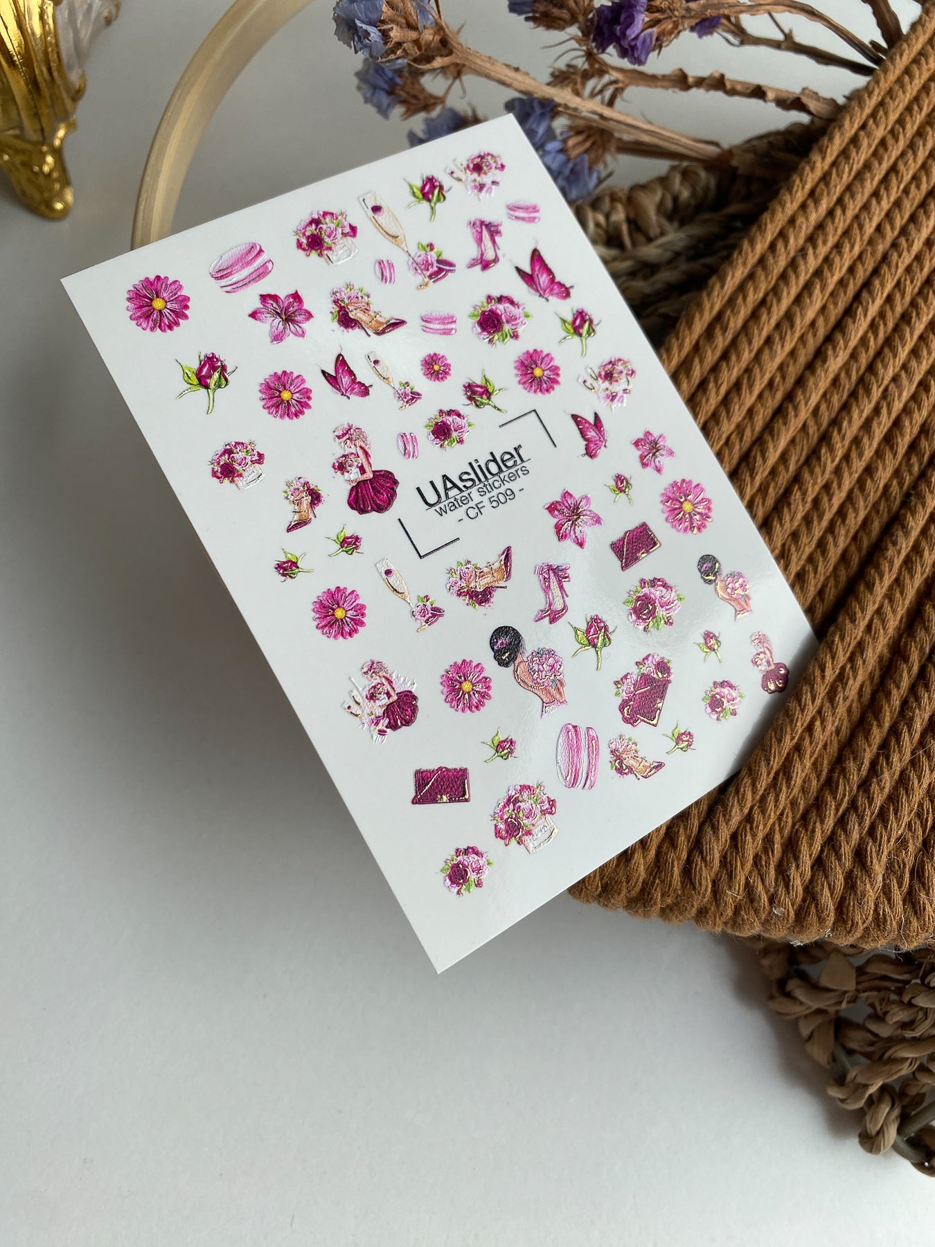 Nail Water Decal CF-509 | Water Slide Nail Decals with Pink Flowers & Fashion Elements | Glamorous Nail Art - UASLIDER
