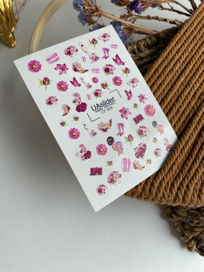 Nail Water Decal CF-509 | Water Slide Nail Decals with Pink Flowers & Fashion Elements | Glamorous Nail Art