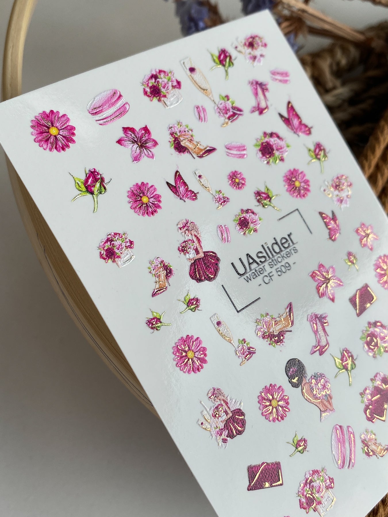 Nail Water Decal CF-509 | Water Slide Nail Decals with Pink Flowers & Fashion Elements | Glamorous Nail Art - UASLIDER