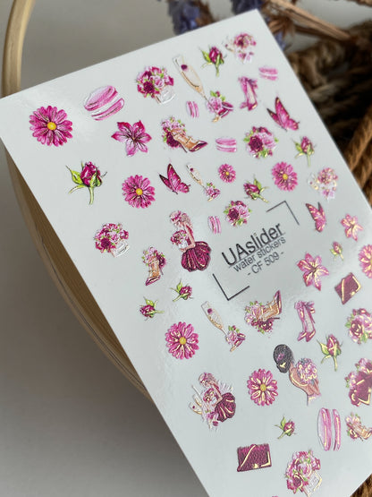 Nail Water Decal CF-509 | Water Slide Nail Decals with Pink Flowers & Fashion Elements | Glamorous Nail Art