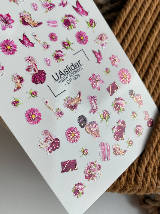 Nail Water Decal CF-509 | Water Slide Nail Decals with Pink Flowers & Fashion Elements | Glamorous Nail Art