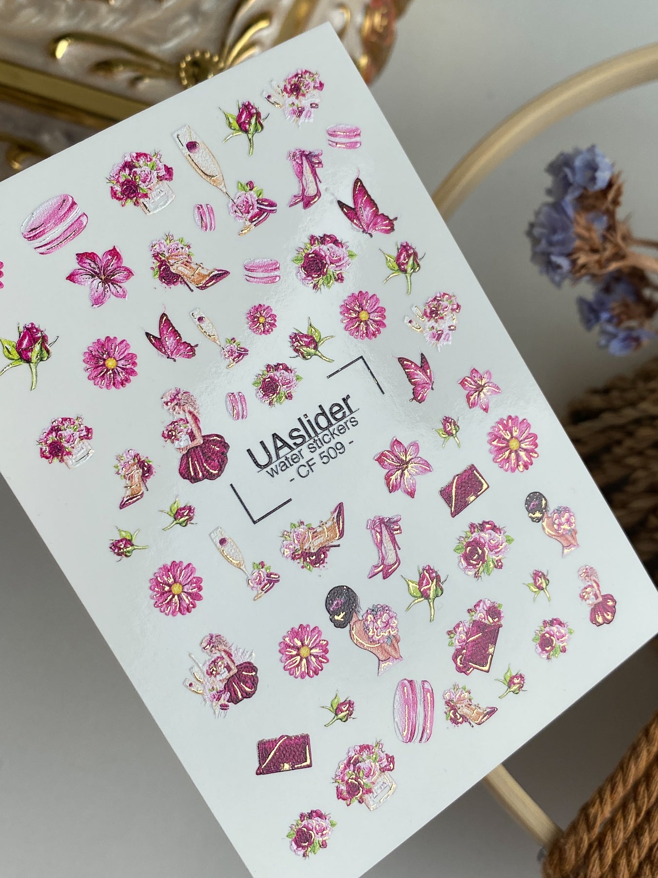 Nail Water Decal CF-509 | Water Slide Nail Decals with Pink Flowers & Fashion Elements | Glamorous Nail Art