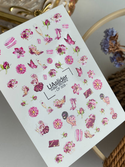 Nail Water Decal CF-509 | Water Slide Nail Decals with Pink Flowers & Fashion Elements | Glamorous Nail Art