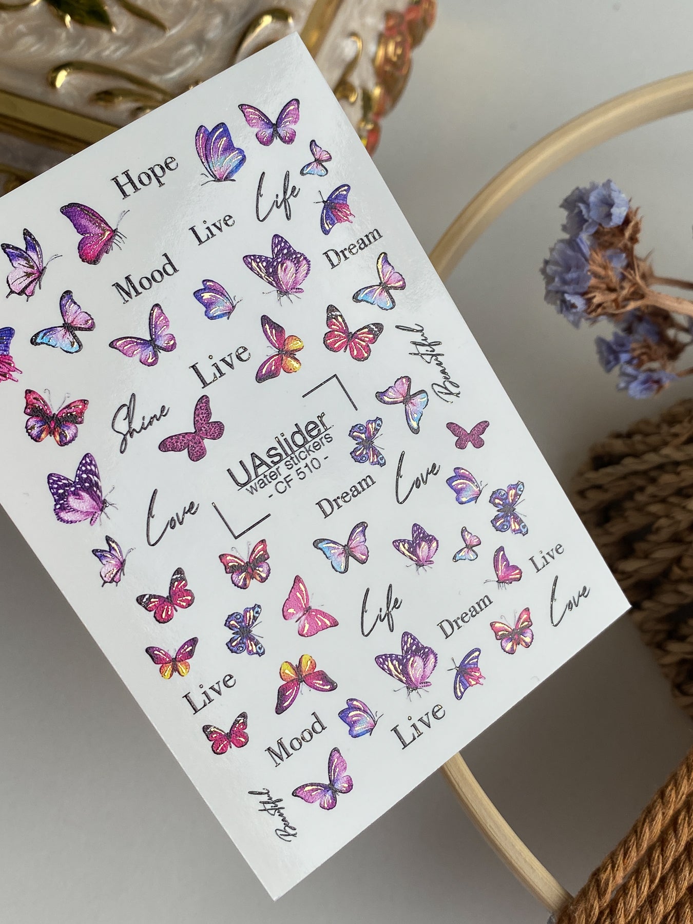 Nail Water Decal CF-510 | Water Slide Nail Decals with Colorful Butterflies & Lettering | Inspirational Nail Art