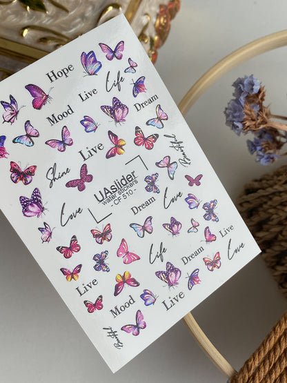 Nail Water Decal CF-510 | Water Slide Nail Decals with Colorful Butterflies & Lettering | Inspirational Nail Art