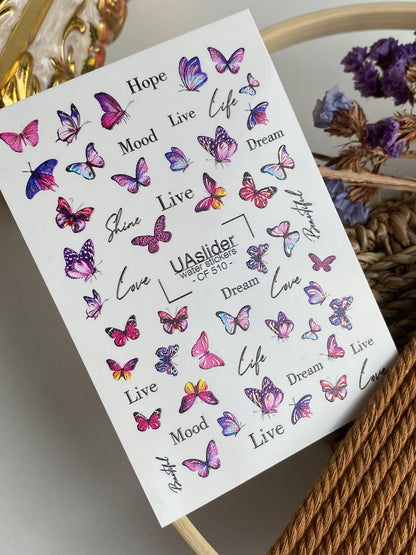 Nail Water Decal CF-510 | Water Slide Nail Decals with Colorful Butterflies & Lettering | Inspirational Nail Art