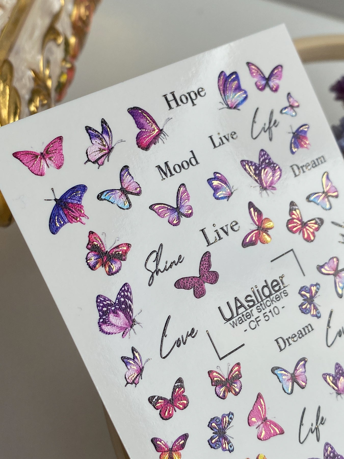 Nail Water Decal CF-510 | Water Slide Nail Decals with Colorful Butterflies & Lettering | Inspirational Nail Art - UASLIDER