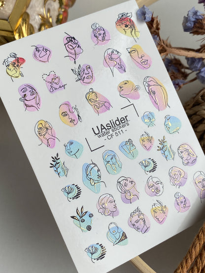 Nail Water Decal CF-511 | Water Slide Nail Decals with Abstract Faces | Modern Line Art Nail Tattoos