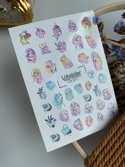 Nail Water Decal CF-511 | Water Slide Nail Decals with Abstract Faces | Modern Line Art Nail Tattoos