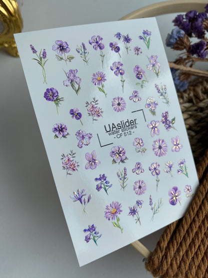 Nail Water Decal CF-512 | Water Slide Nail Decals with Purple Flowers | Lavender Floral Nail Art
