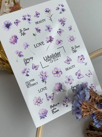 Nail Water Decal CF-514 | Water Slide Nail Decals with Purple Flowers & Butterflies | Romantic Nail Art with Quotes
