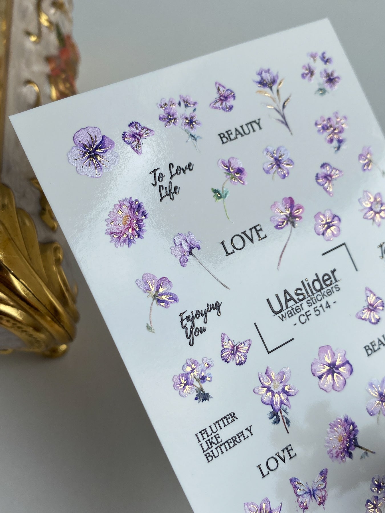 Nail Water Decal CF-514 | Water Slide Nail Decals with Purple Flowers & Butterflies | Romantic Nail Art with Quotes