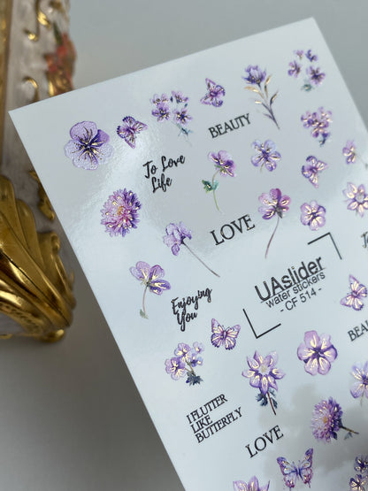 Nail Water Decal CF-514 | Water Slide Nail Decals with Purple Flowers & Butterflies | Romantic Nail Art with Quotes