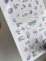 Nail Water Decal CF-514 | Water Slide Nail Decals with Purple Flowers & Butterflies | Romantic Nail Art with Quotes - UASLIDER