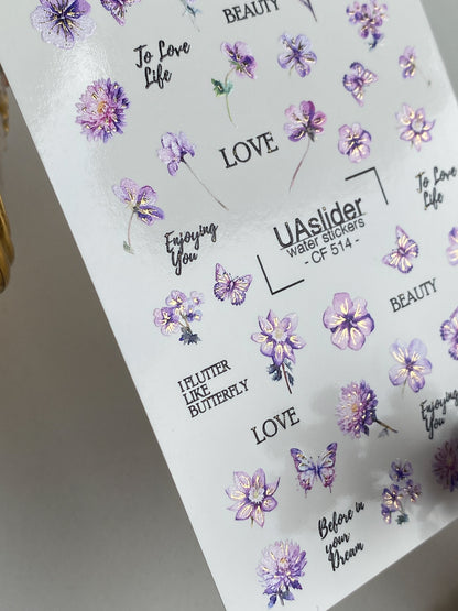 Nail Water Decal CF-514 | Water Slide Nail Decals with Purple Flowers & Butterflies | Romantic Nail Art with Quotes