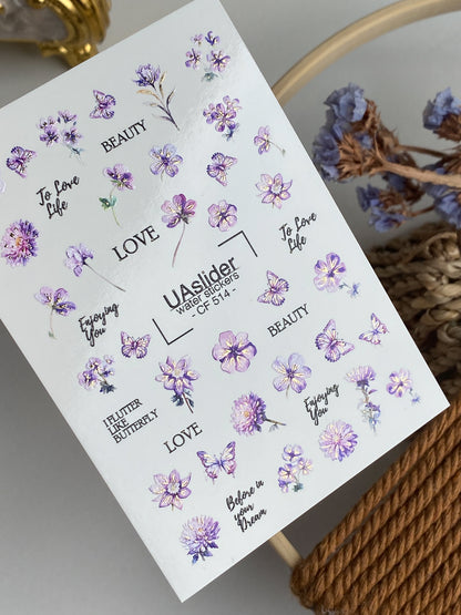 Nail Water Decal CF-514 | Water Slide Nail Decals with Purple Flowers & Butterflies | Romantic Nail Art with Quotes