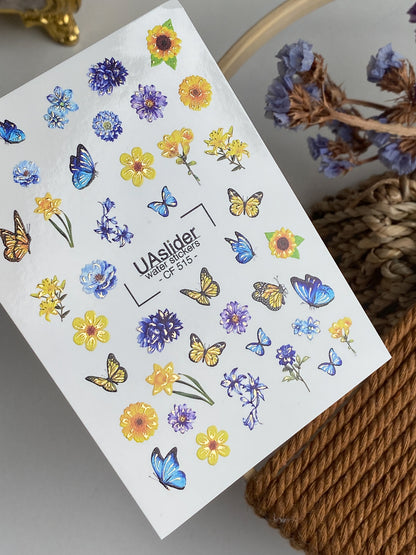 Nálepka na nehty CF-515 | Vodní nálepky na nehty s modrými a žlutými květinami a motýly | Letní květinové nehtové umění