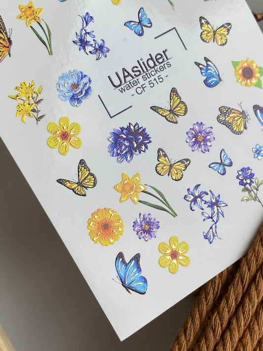 Nail Water Decal CF-515 | Water Slide Nail Decals with Blue & Yellow Flowers and Butterflies | Summer Floral Nail Art
