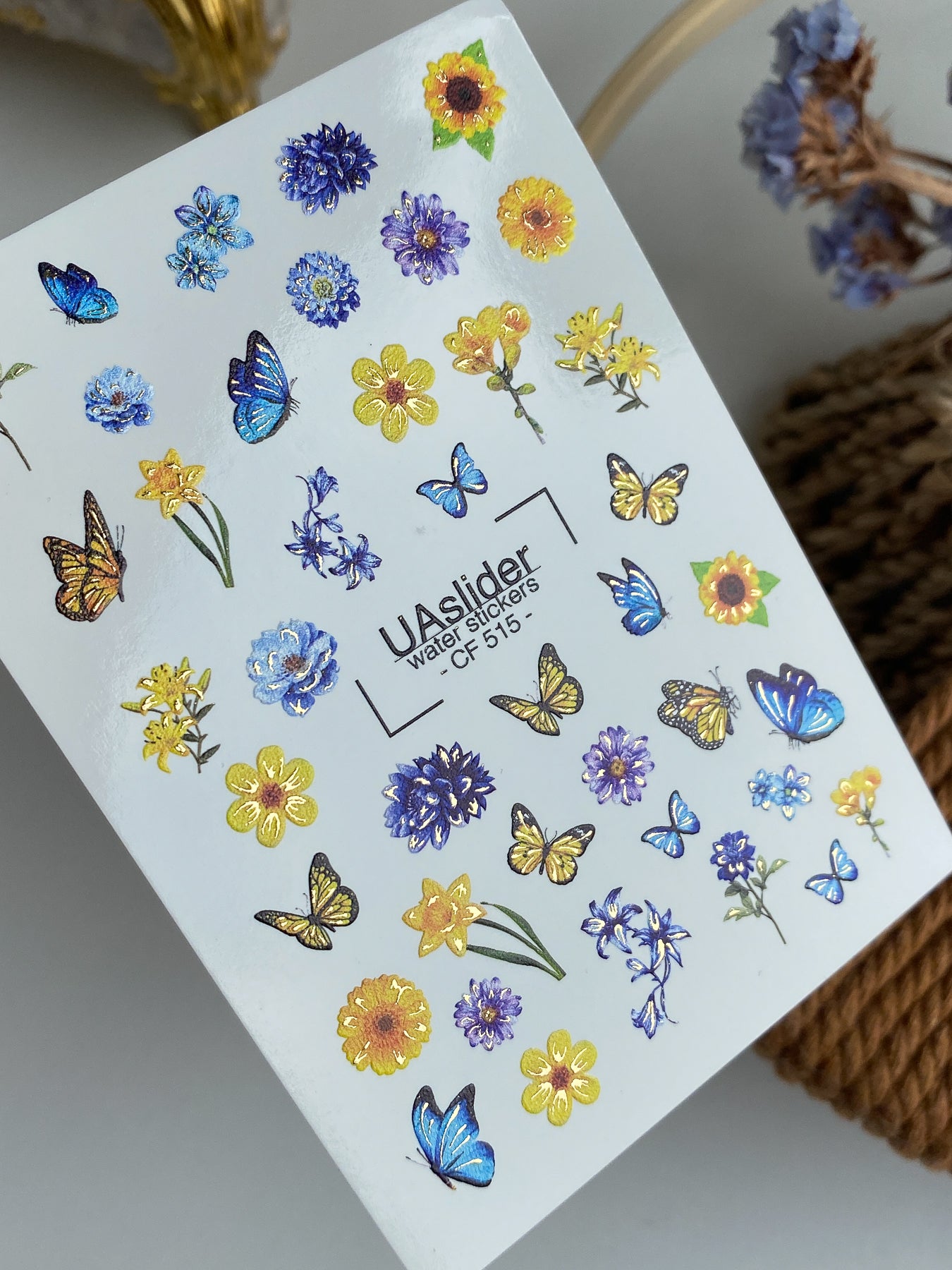 Nálepka na nehty CF-515 | Vodní nálepky na nehty s modrými a žlutými květinami a motýly | Letní květinové nehtové umění
