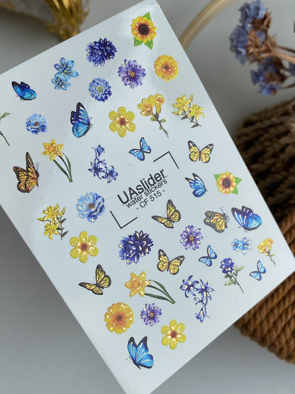 Nálepka na nehty CF-515 | Vodní nálepky na nehty s modrými a žlutými květinami a motýly | Letní květinové nehtové umění