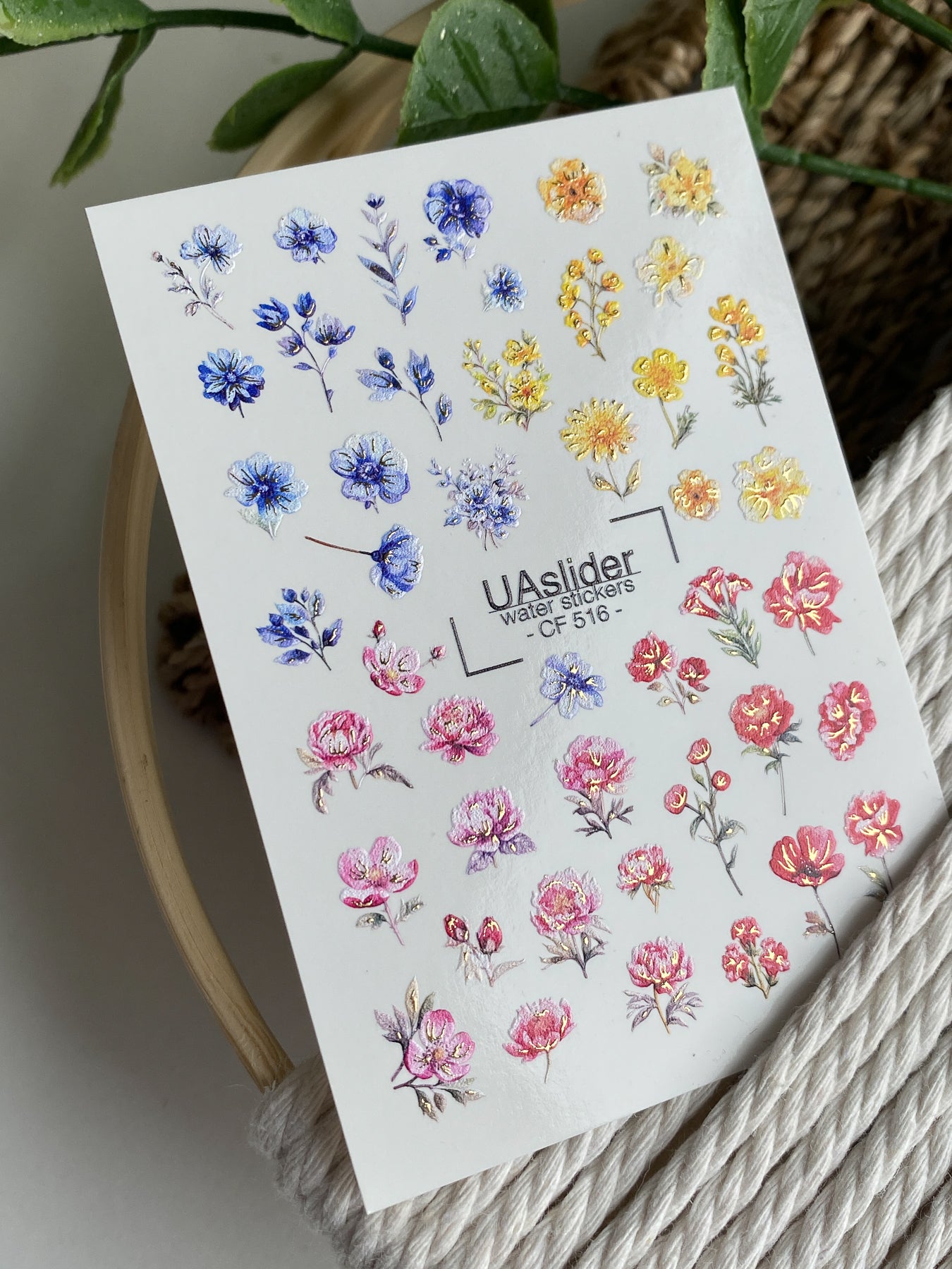 Nail Water Decal CF-516 | Water Slide Nail Decals with Colorful Wildflowers | Blue, Yellow & Pink Floral Nail Art