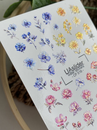 Nail Water Decal CF-516 | Water Slide Nail Decals with Colorful Wildflowers | Blue, Yellow & Pink Floral Nail Art