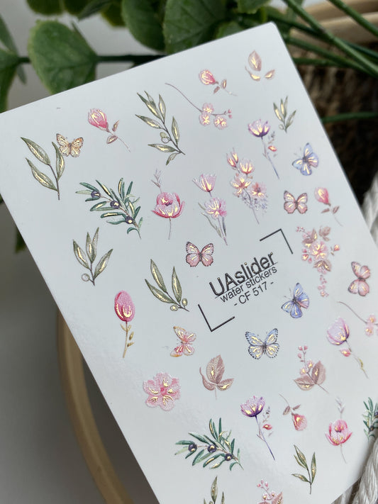 Nail Water Decal CF-517 | Water Slide Nail Decals with Pastel Flowers & Butterflies | Botanical Nail Art