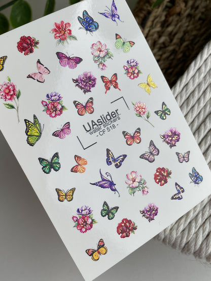 Nail Water Decal CF-518 | Water Slide Nail Decals with Colorful Butterflies & Flowers | Bright Floral Nail Art