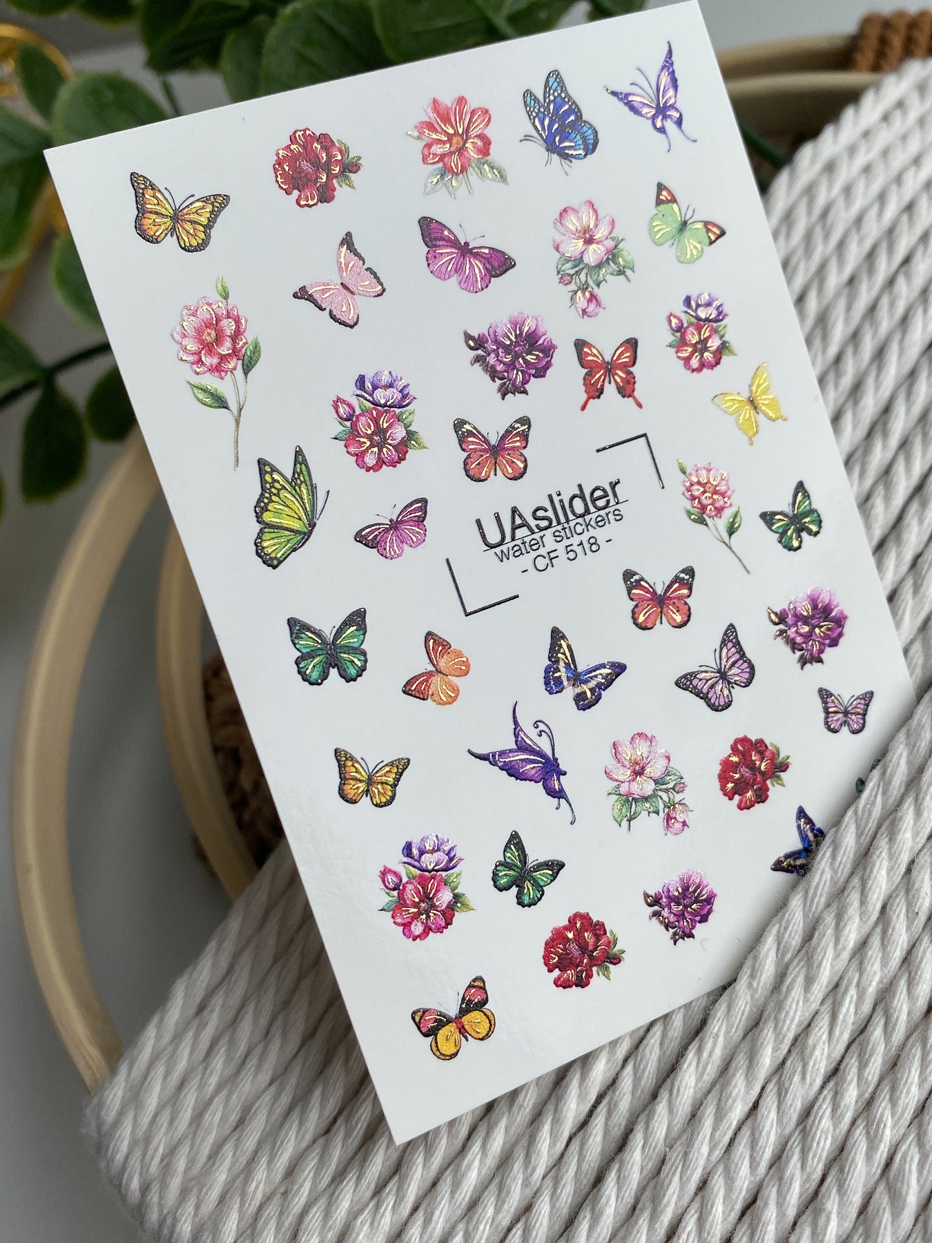 Nail Water Decal CF-518 | Water Slide Nail Decals with Colorful Butterflies & Flowers | Bright Floral Nail Art - UASLIDER