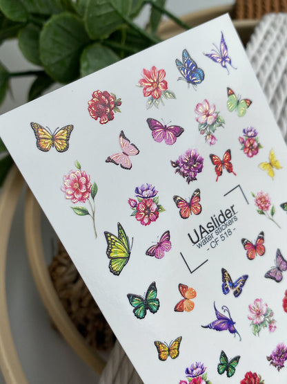 Nail Water Decal CF-518 | Water Slide Nail Decals with Colorful Butterflies & Flowers | Bright Floral Nail Art