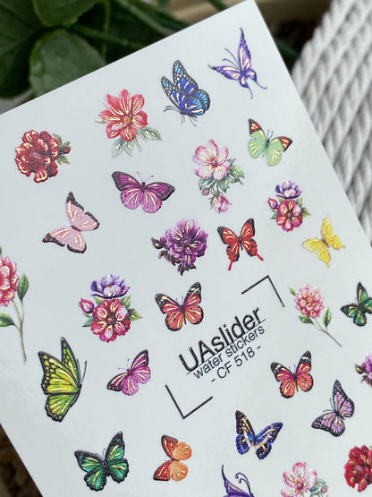 Nail Water Decal CF-518 | Water Slide Nail Decals with Colorful Butterflies & Flowers | Bright Floral Nail Art