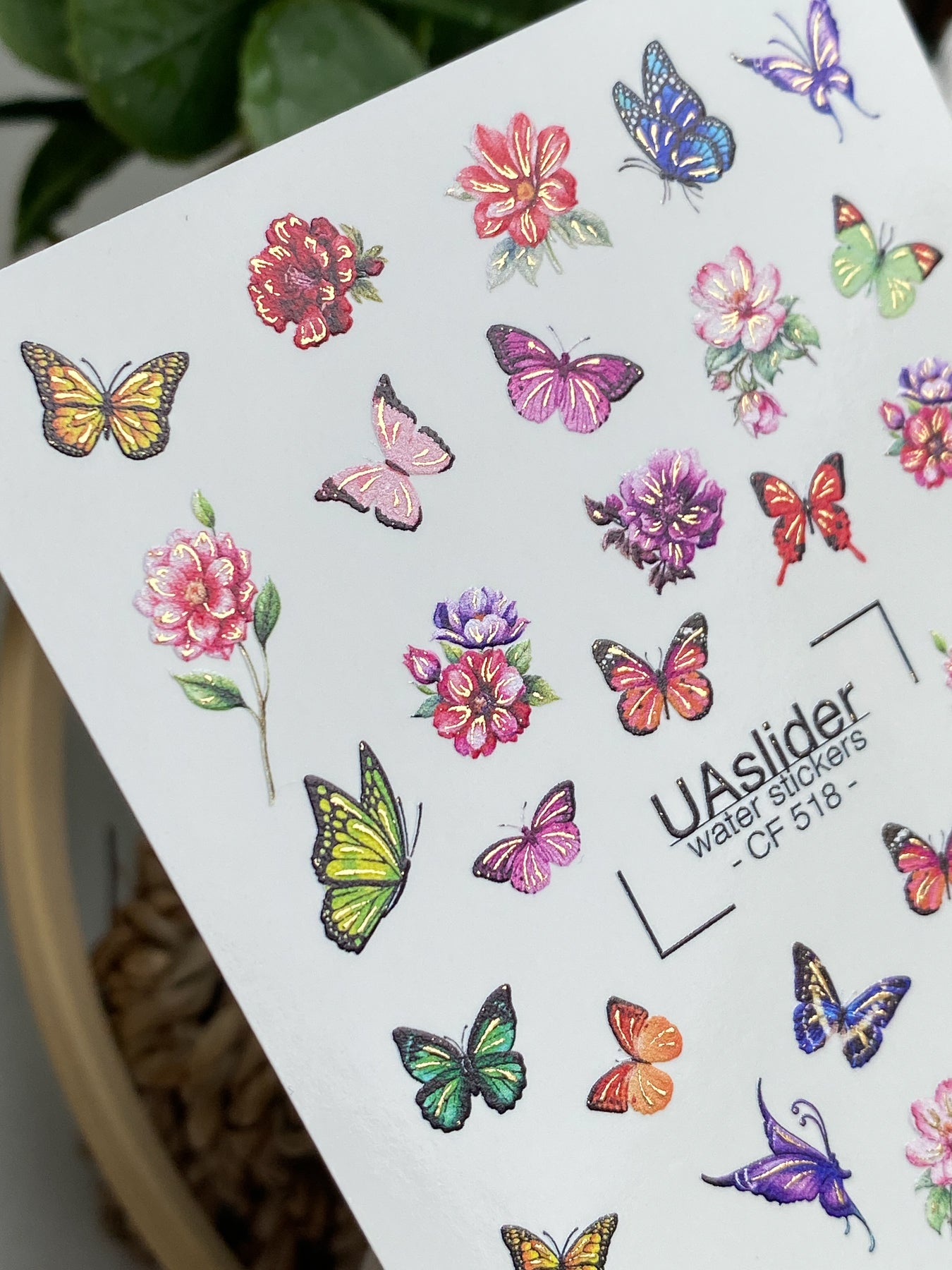 Nail Water Decal CF-518 | Water Slide Nail Decals with Colorful Butterflies & Flowers | Bright Floral Nail Art