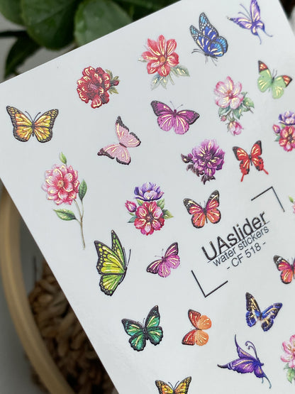 Nail Water Decal CF-518 | Water Slide Nail Decals with Colorful Butterflies & Flowers | Bright Floral Nail Art
