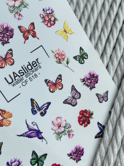 Nail Water Decal CF-518 | Water Slide Nail Decals with Colorful Butterflies & Flowers | Bright Floral Nail Art