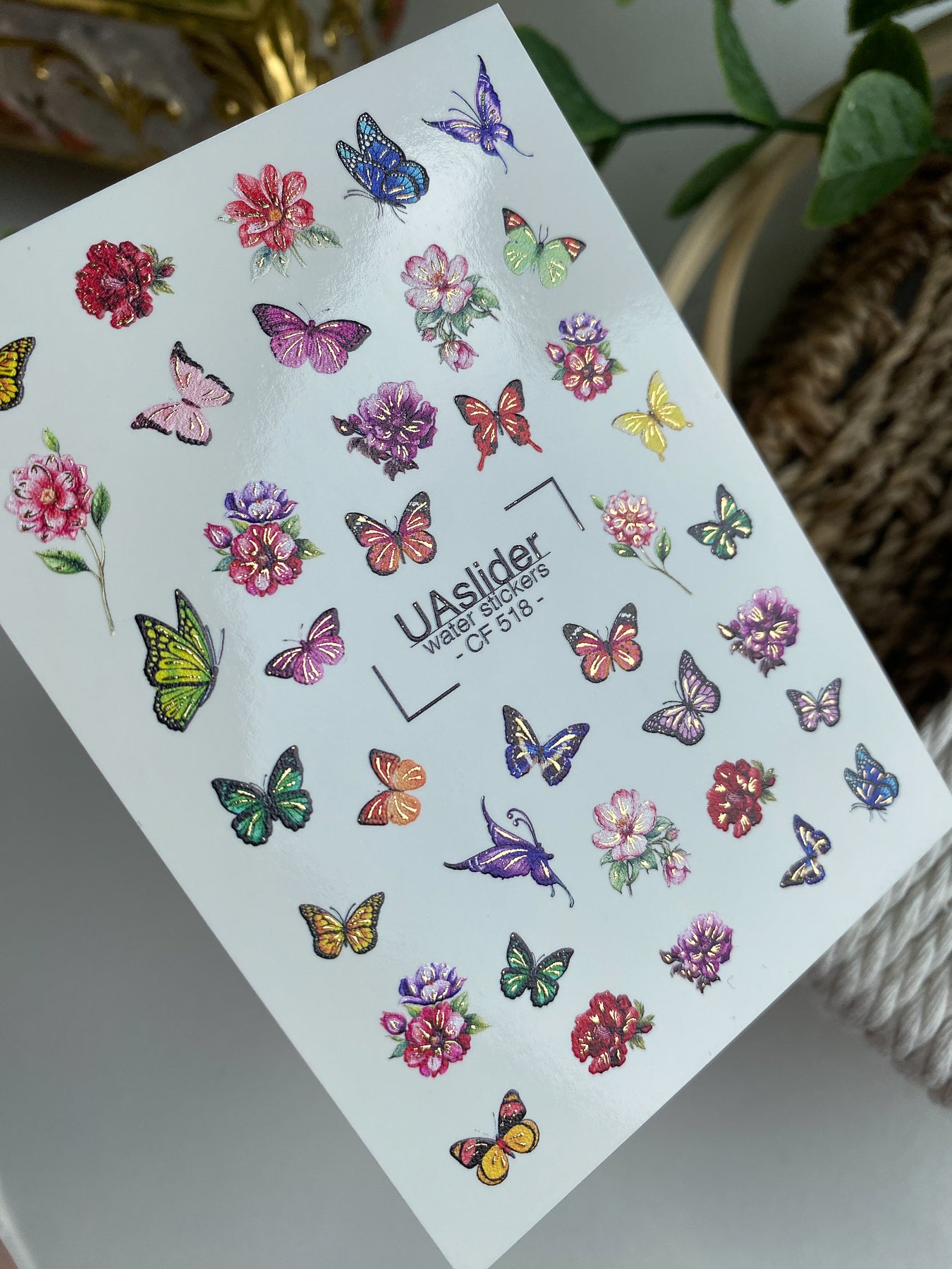 Nail Water Decal CF-518 | Water Slide Nail Decals with Colorful Butterflies & Flowers | Bright Floral Nail Art