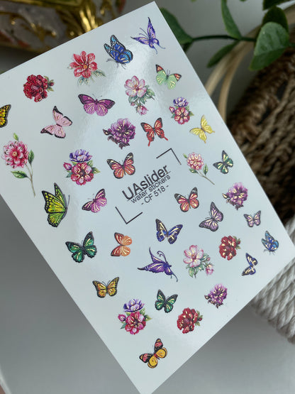 Nail Water Decal CF-518 | Water Slide Nail Decals with Colorful Butterflies & Flowers | Bright Floral Nail Art