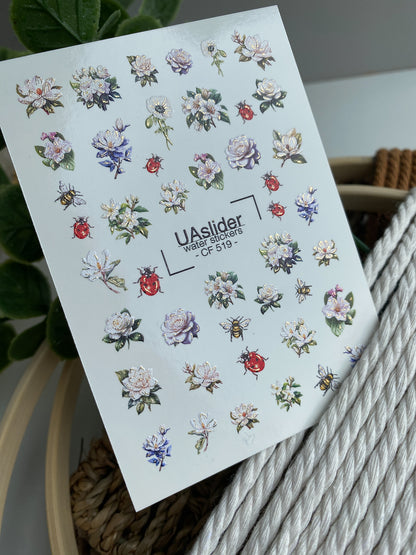 Köröm víz matrica CF-519 | Vízsikló köröm matricák rózsákkal, katicabogarakkal és méhekkel | Virágos köröm művészet
