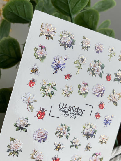 Köröm víz matrica CF-519 | Vízsikló köröm matricák rózsákkal, katicabogarakkal és méhekkel | Virágos köröm művészet