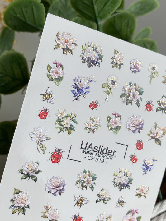 Nail Water Decal CF-519 | Water Slide Nail Decals with Roses, Ladybugs & Bees | Floral Nail Art