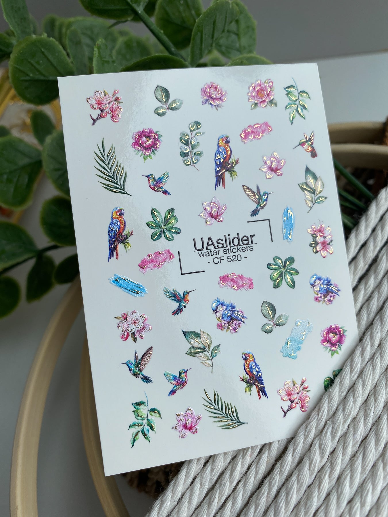 Nagel Wasserabziehbild CF-520 | Wasserabzieh-Nagelaufkleber mit tropischen Vögeln & Blumen | Exotische Nagelkunst