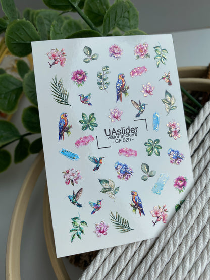 Nagel Wasserabziehbild CF-520 | Wasserabzieh-Nagelaufkleber mit tropischen Vögeln & Blumen | Exotische Nagelkunst
