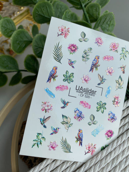Nagel Wasserabziehbild CF-520 | Wasserabzieh-Nagelaufkleber mit tropischen Vögeln & Blumen | Exotische Nagelkunst