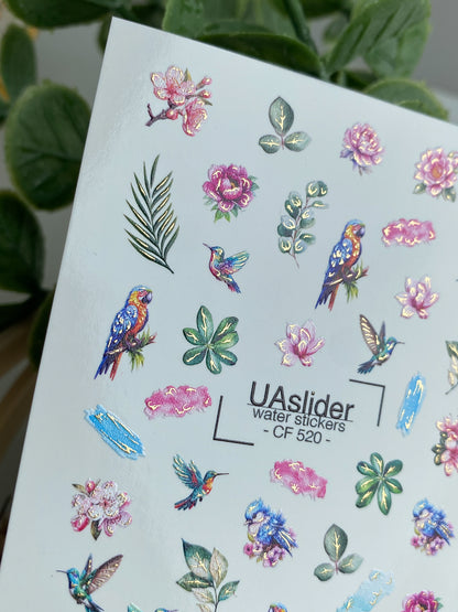 Nagel Wasserabziehbild CF-520 | Wasserabzieh-Nagelaufkleber mit tropischen Vögeln & Blumen | Exotische Nagelkunst