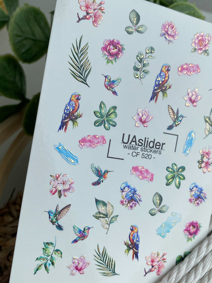 Nagel Wasserabziehbild CF-520 | Wasserabzieh-Nagelaufkleber mit tropischen Vögeln & Blumen | Exotische Nagelkunst