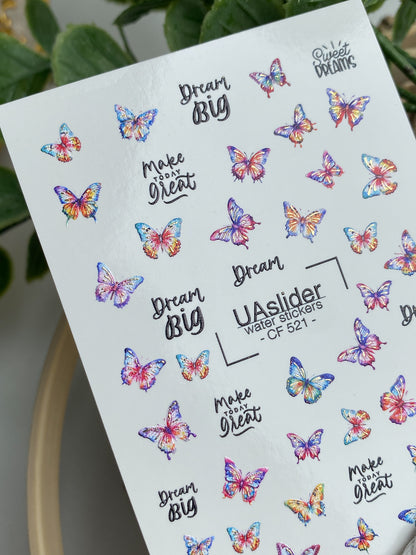 Nagel Wasserabziehbild CF-521 | Wasserabzieh-Nagelaufkleber mit bunten Schmetterlingen & Zitaten | Inspirierende Nagelkunst