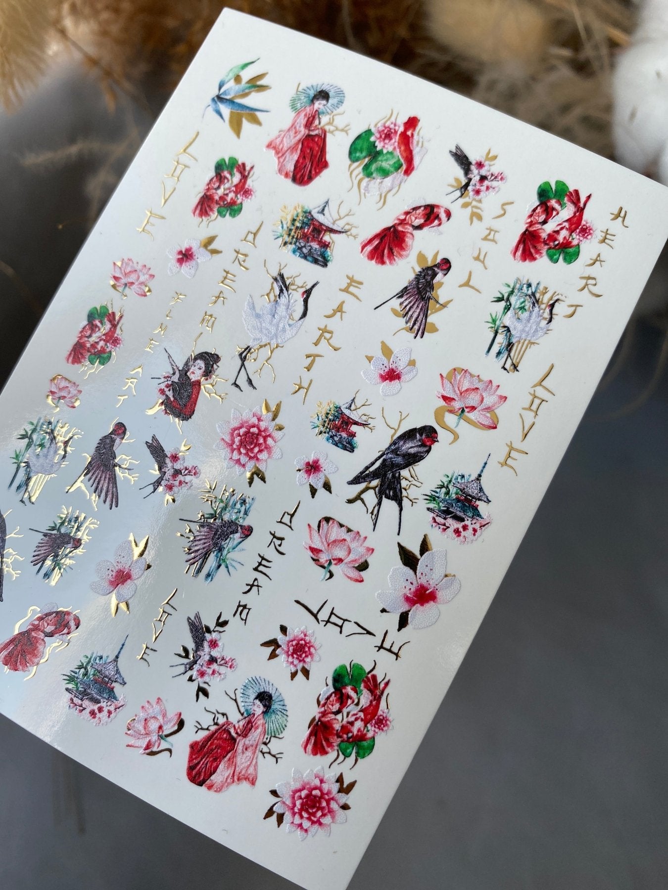 Nail Water Decal CF-069 | Japanese Water Slide Nail Decals | Geisha, Swallows, Lotus Flowers and Oriental Nail Art - UASLIDER