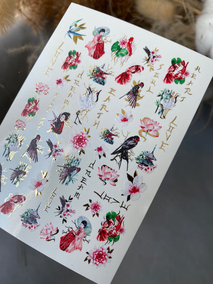 Nail Water Decal CF-069 | Japanese Water Slide Nail Decals | Geisha, Swallows, Lotus Flowers and Oriental Nail Art