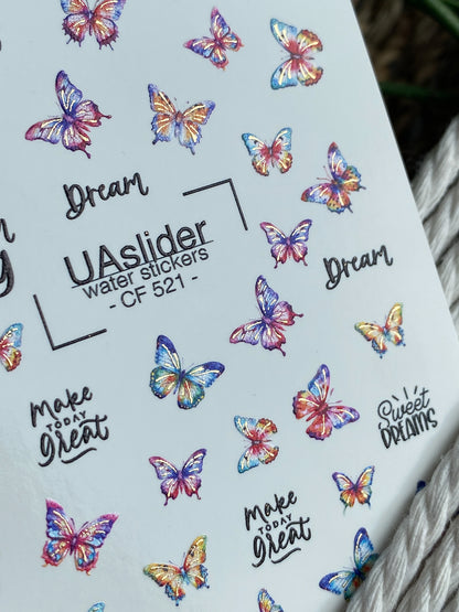 Nagel Wasserabziehbild CF-521 | Wasserabzieh-Nagelaufkleber mit bunten Schmetterlingen & Zitaten | Inspirierende Nagelkunst